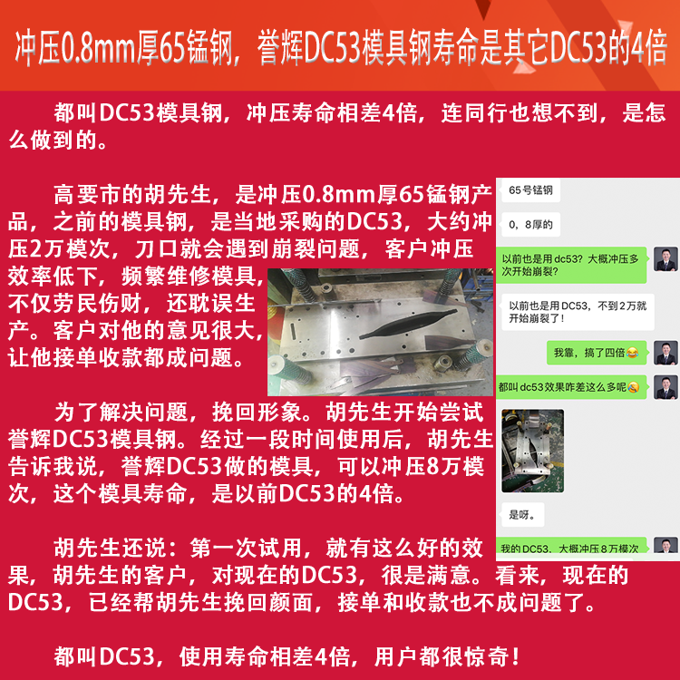 譽輝DC53模具鋼，沖壓0.8厚65錳鋼，模具壽命提高4倍